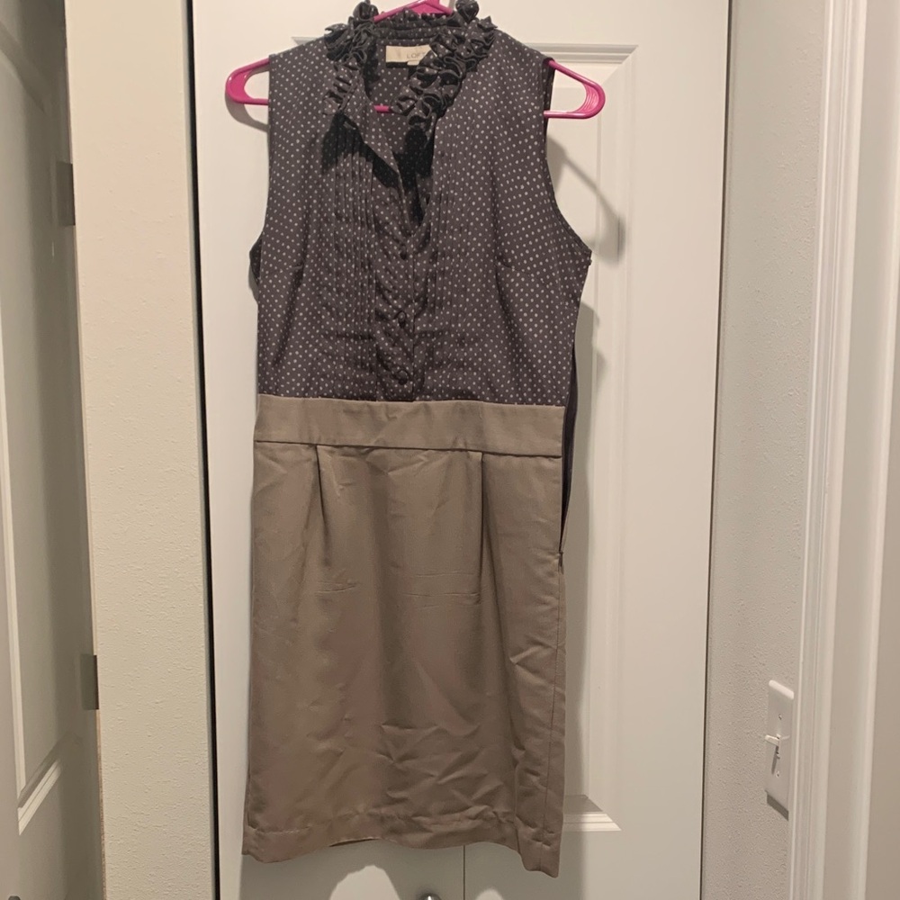 LOFT Gray Polka Dot and Tan Midi Dress